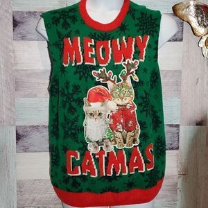 Meowy Catmas Ugly Christmas Sweater Sleeveless Sz L Cat Kitten Party 823